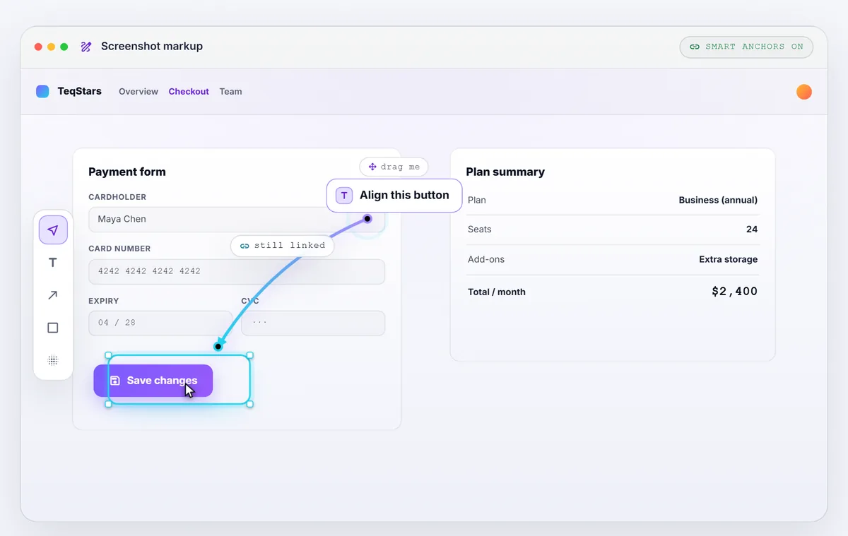 The 7Frames screenshot markup editor: an arrow anchored to the Save changes button stays linked while the note is dragged