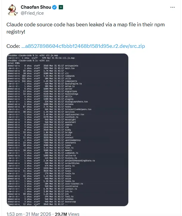 Tweet showing the Claude Code v2.1.88 source map discovery on March 31 2026