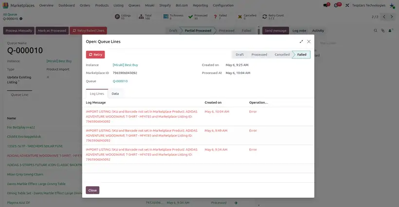 Odoo Mirakl connector product import queue for a Best Buy Mirakl instance, showing 93 lines processed and 7 failed, a Retry Failed Lines button, and plain-language error messages naming the product and the missing SKU and barcode.