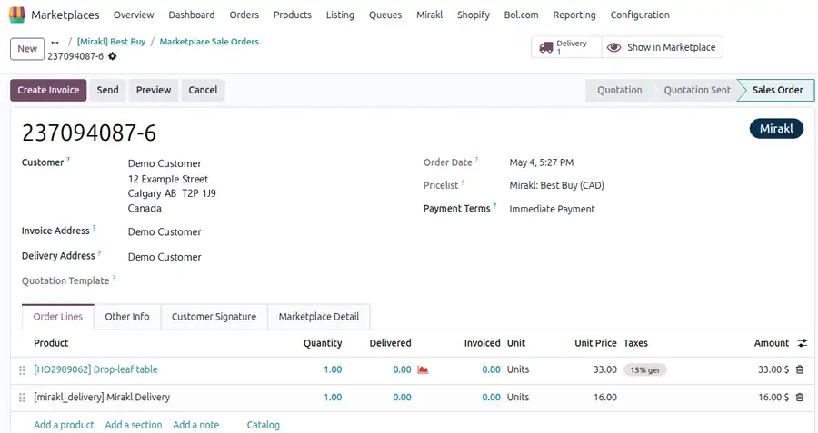 A Mirakl Best Buy marketplace order imported into Odoo as an ordinary sales order, showing the customer and delivery address, the Mirakl Best Buy pricelist in Canadian dollars, payment terms, order lines and the Mirakl Delivery shipping line.