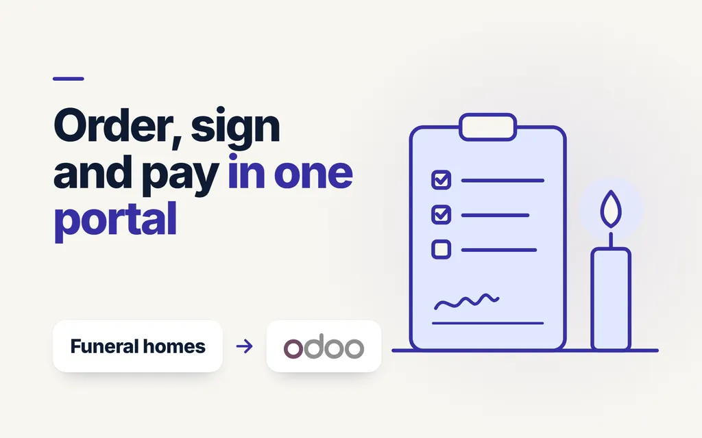 Line drawing of a signed order form beside a lit candle: funeral home orders in an Odoo B2B portal