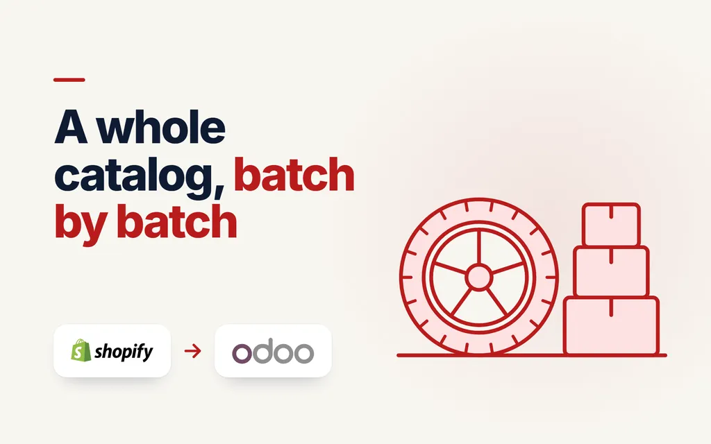 Line drawing of a wheel and stacked parts boxes: a large Shopify catalog imported into Odoo