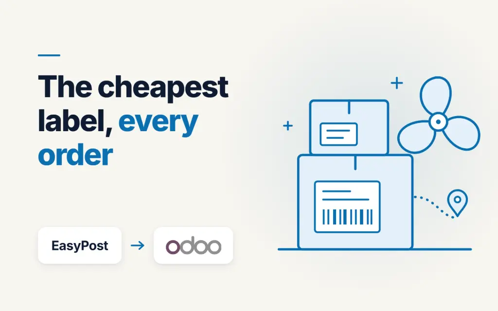 Line drawing of labeled parts boxes and a boat propeller: EasyPost shipping labels created in Odoo