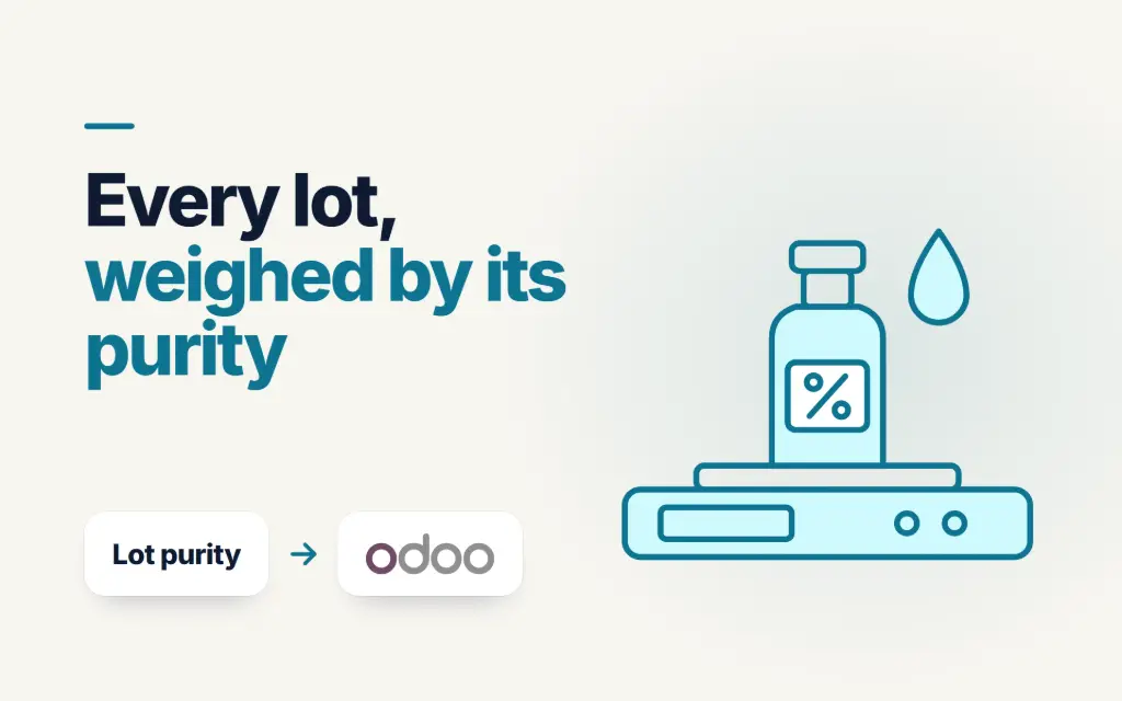 Line drawing of a raw material bottle on a scale: lots weighed by purity in Odoo