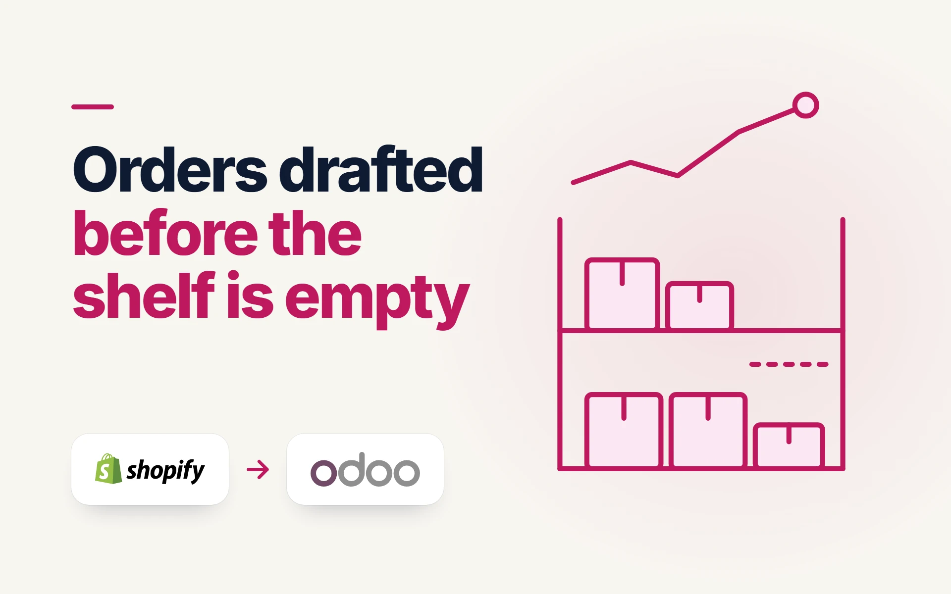 Line drawing of a stock shelf under a rising demand line: reordering rules in Odoo