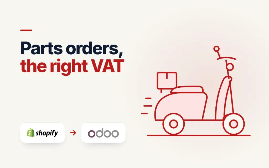 Line drawing of a scooter: Shopify orders for parts flowing into Odoo