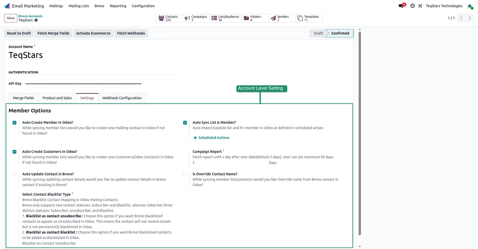 Brevo account settings in Odoo with member options for auto-created contacts, customers and blacklist handling