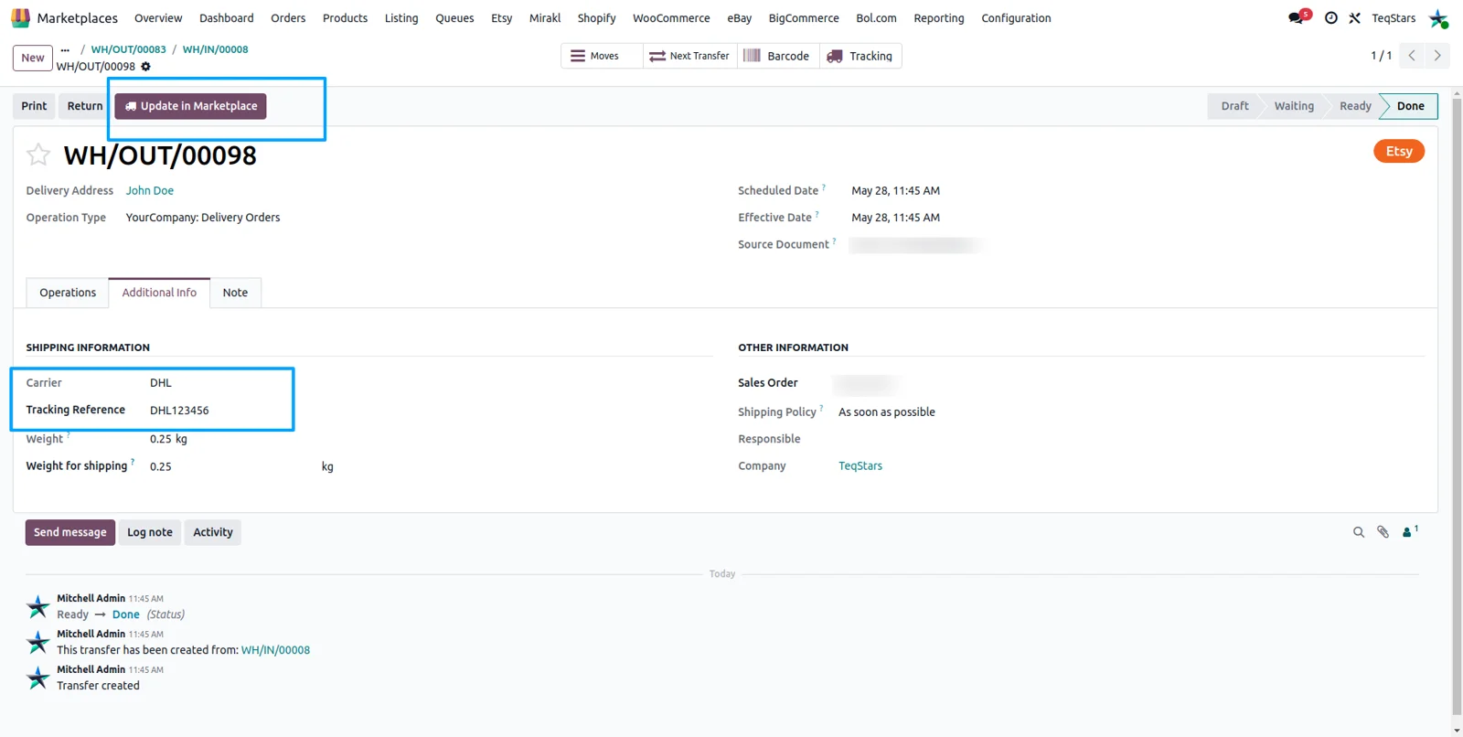 Odoo delivery order for an Etsy sale with carrier, tracking number and the Update in Marketplace button