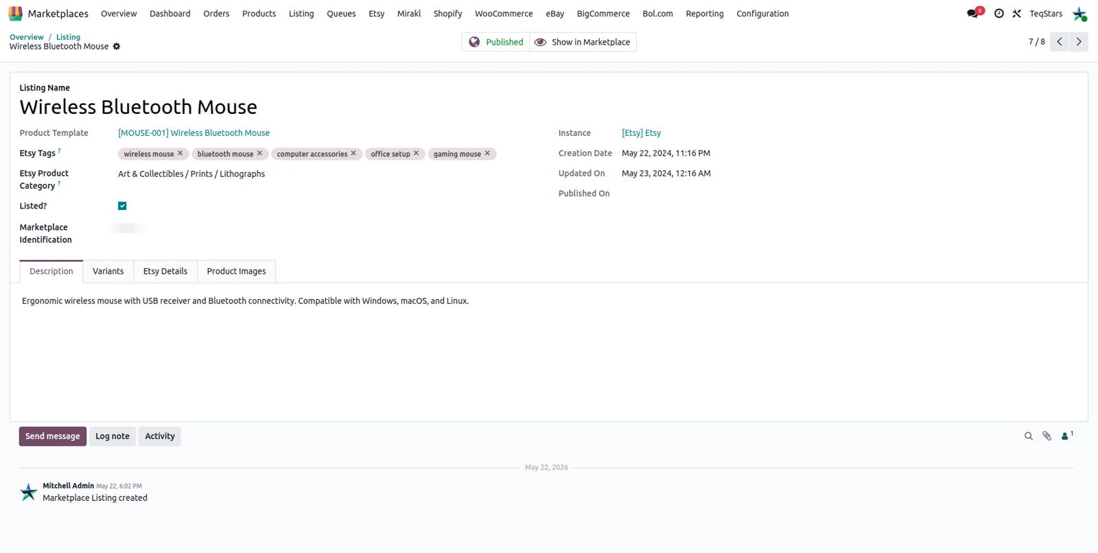 Imported Etsy listing in Odoo showing variants with their SKUs, prices and stock quantities