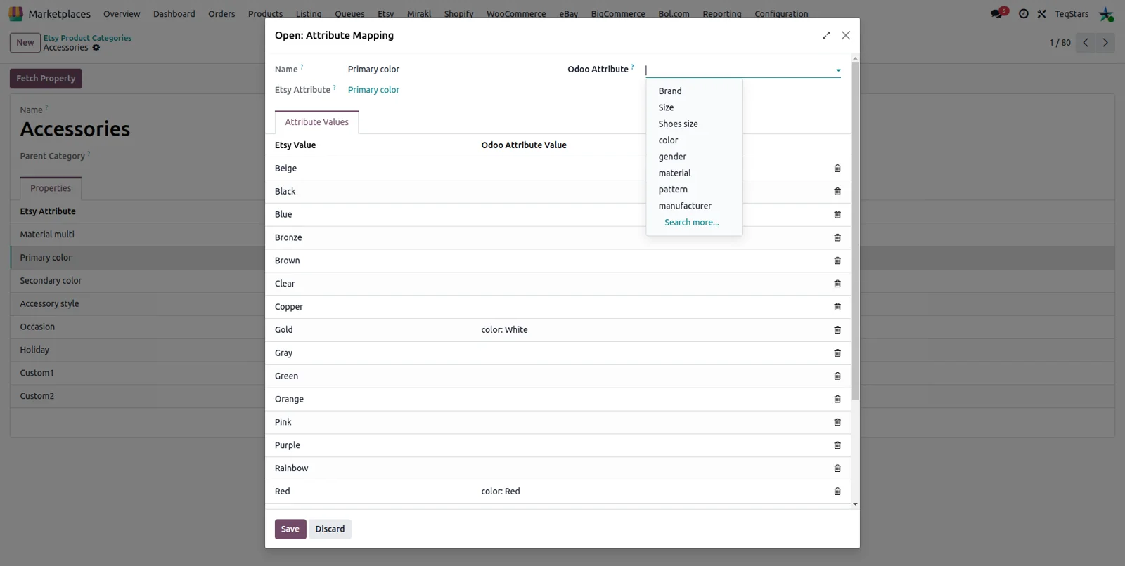 Product attribute mapping in Odoo linking Odoo attributes to Etsy properties and values