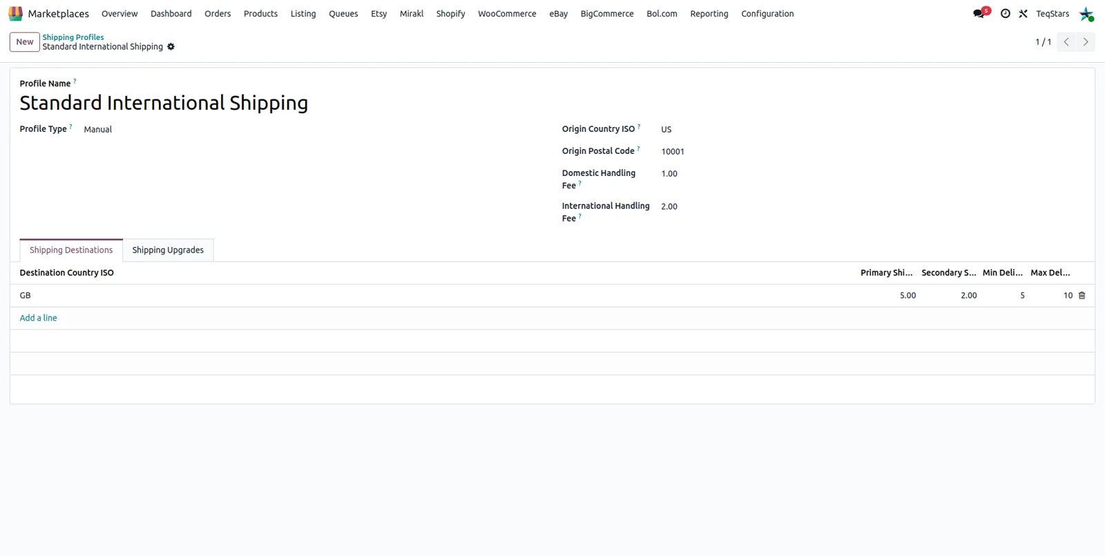 Etsy shipping profile imported into Odoo with origin, handling fees, destinations and upgrades