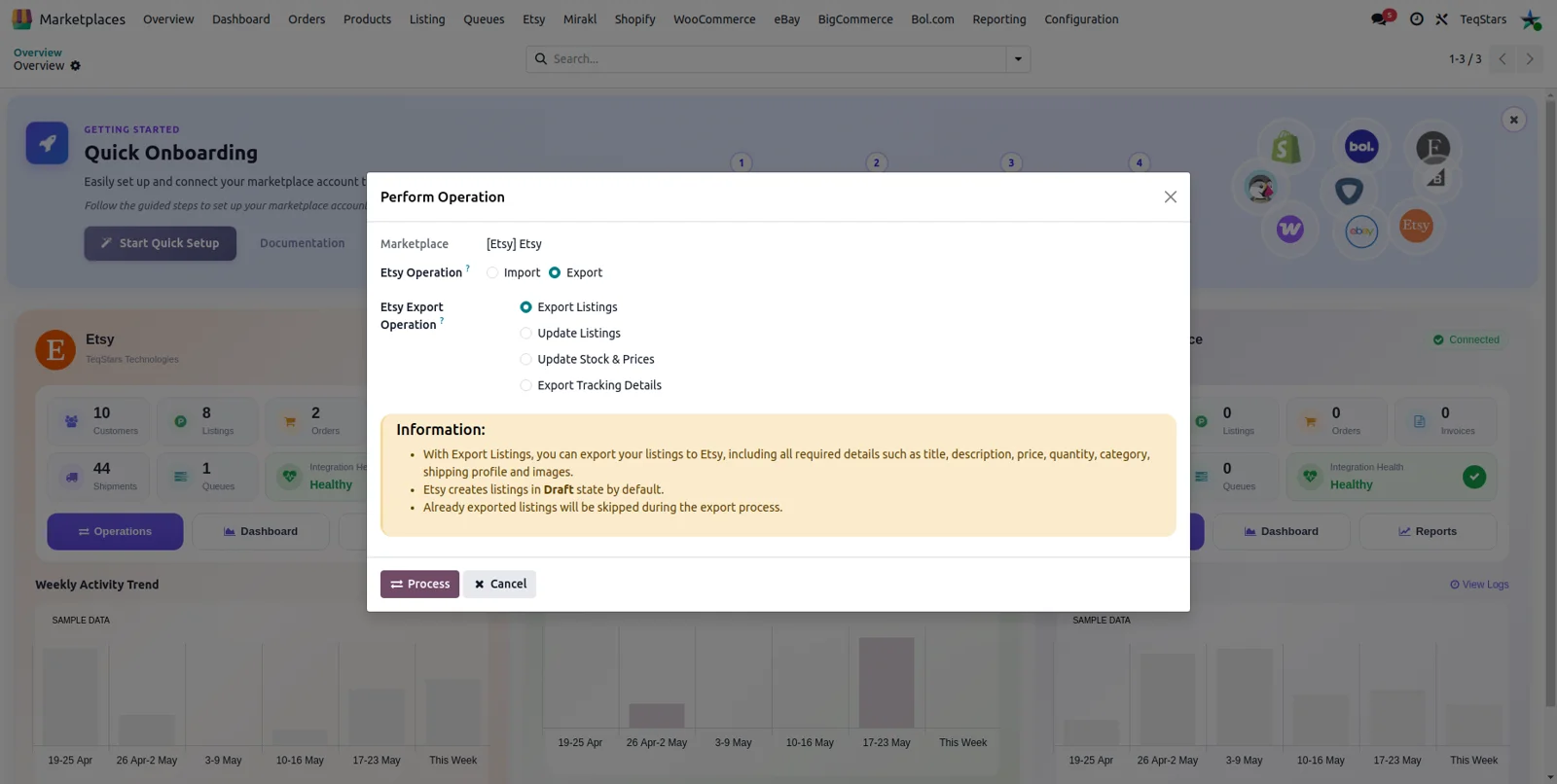 Odoo operation wizard with Export selected and Export Listings ticked for an Etsy shop