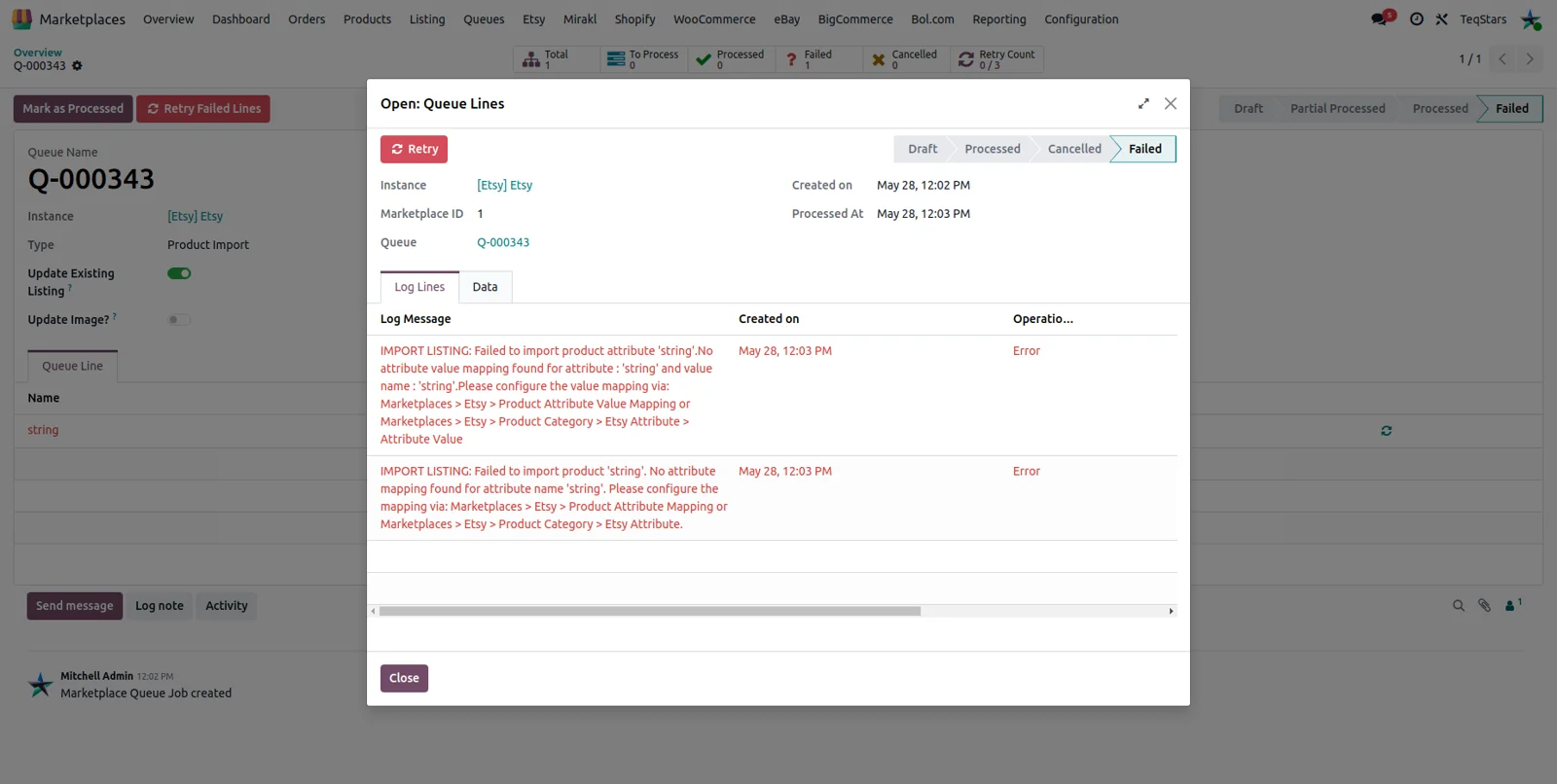 Odoo queue log of failed Etsy records with error messages and a retry option