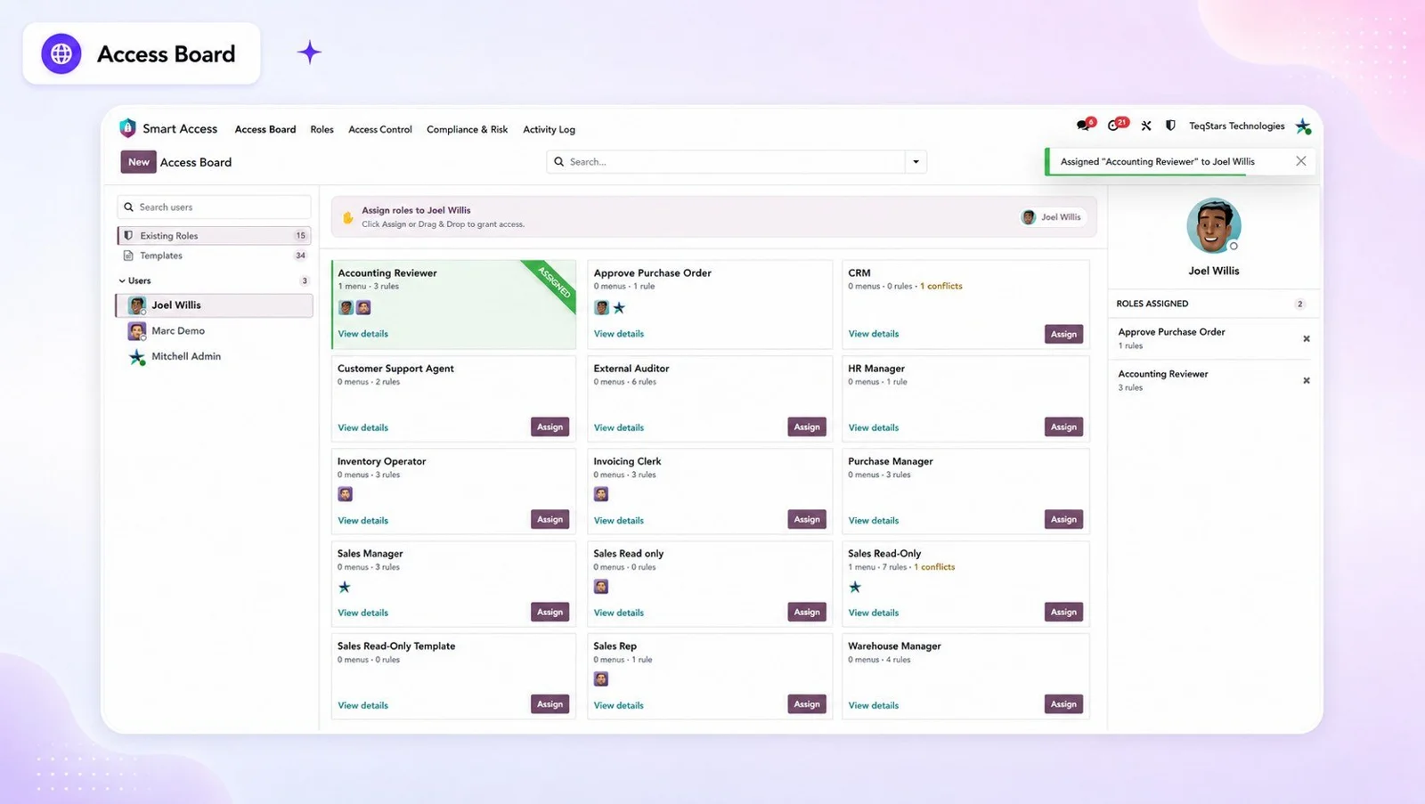 Smart Access Manager Access Board in Odoo with users on the left and roles in the middle for assignment