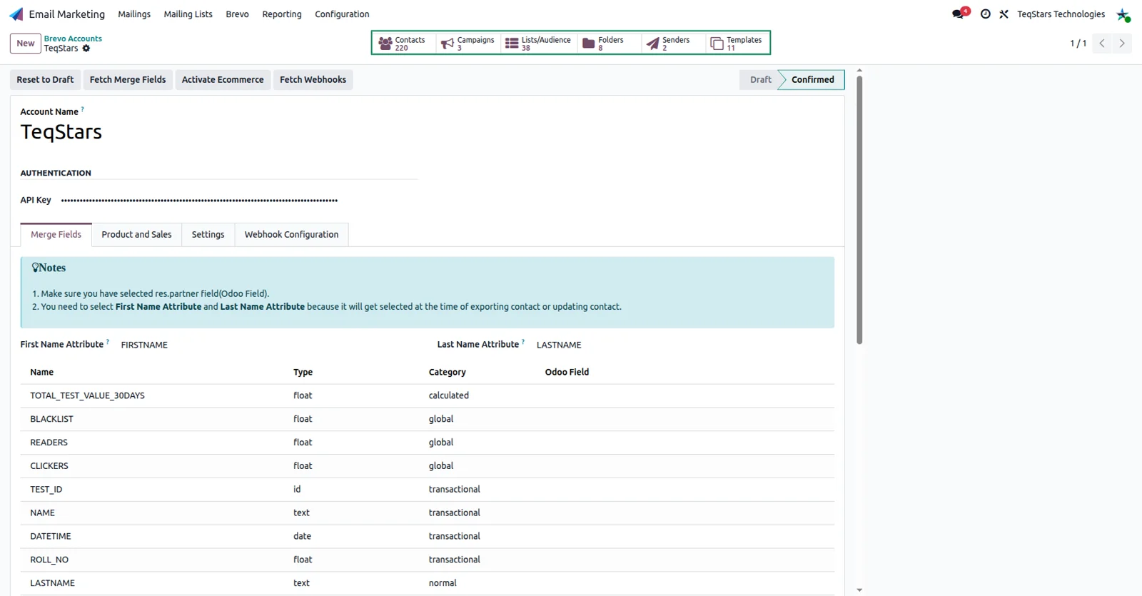 Merge Fields tab of the Odoo Brevo Connector mapping Brevo contact attributes to Odoo fields