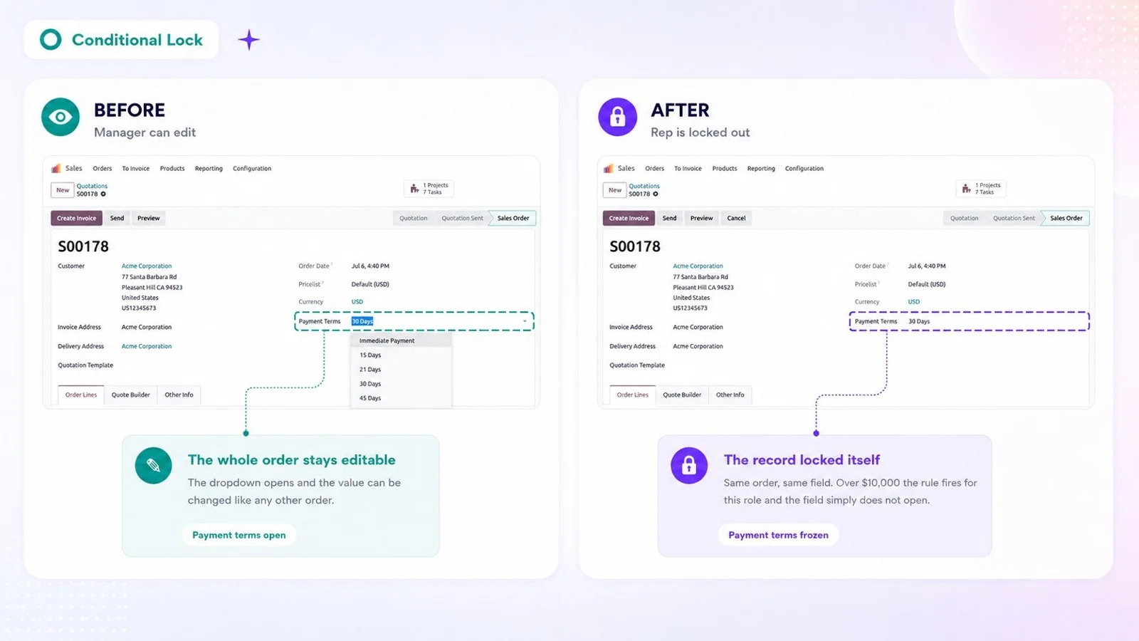 Smart Access Manager conditional rule in Odoo freezing selected fields once the record matches the condition