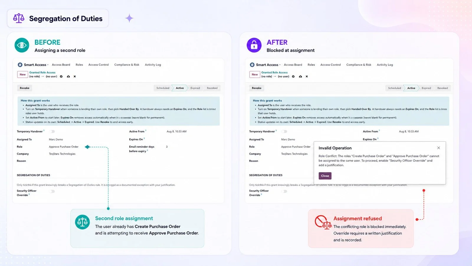 Conflict rule in Smart Access Manager listing role pairs Odoo refuses to assign to the same user