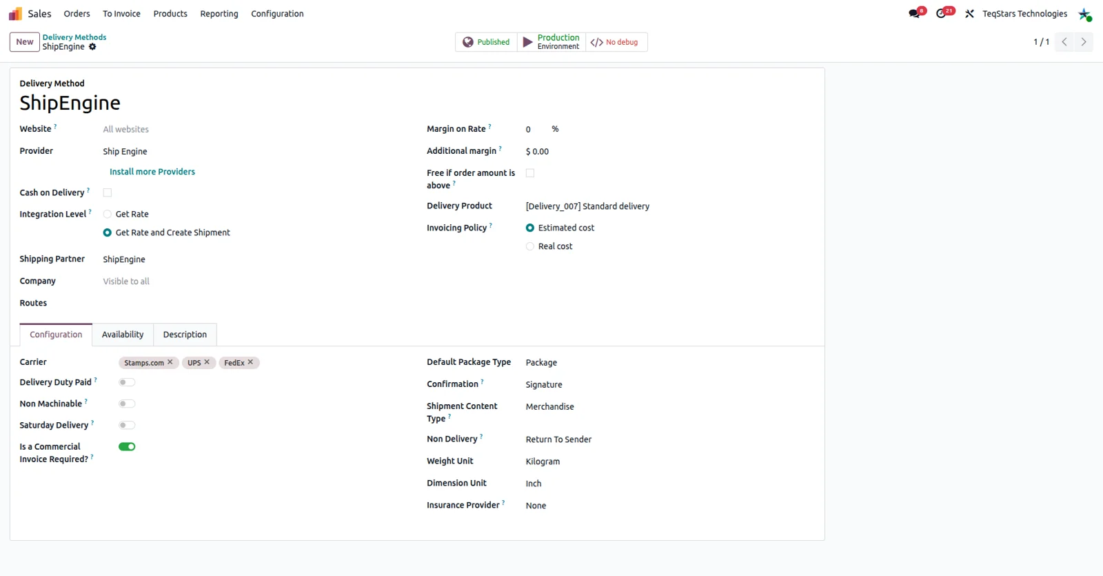 ShipEngine delivery method configuration screen in Odoo with domestic and international settings