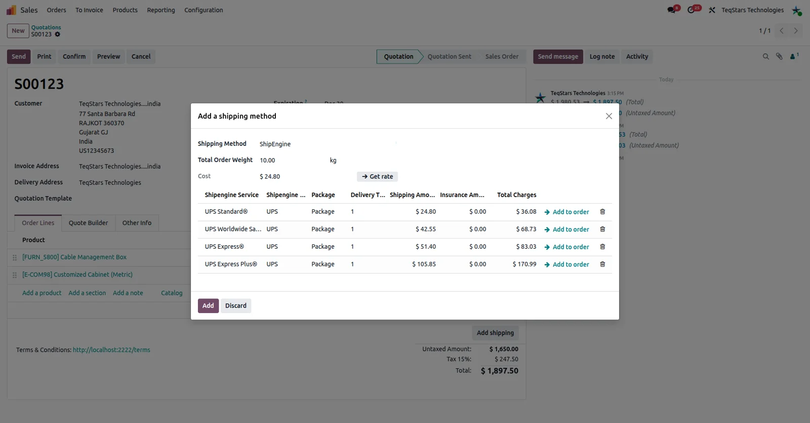 Odoo sales order showing ShipEngine rates from multiple carriers ready to select