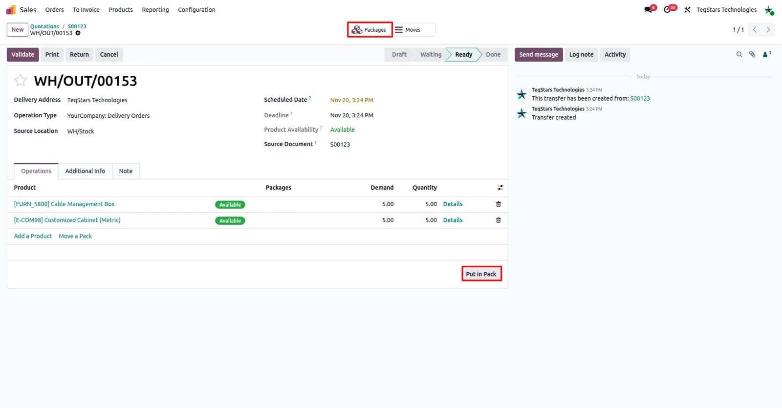 Put in Pack operation in Odoo creating multiple packages for a ShipEngine shipment
