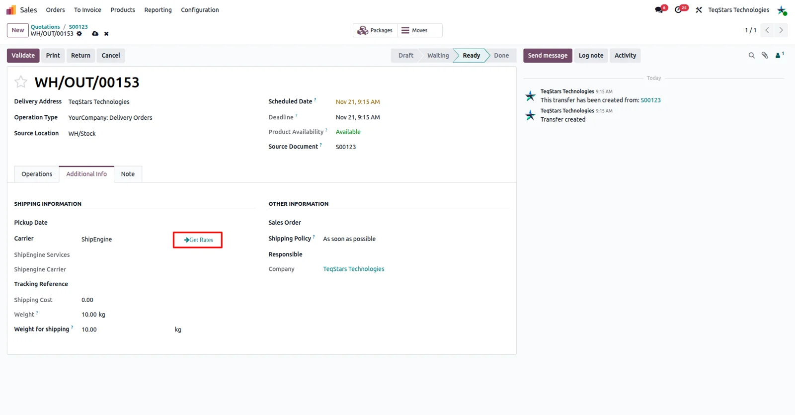 Odoo delivery order with ShipEngine rate request results listed for the packed shipment
