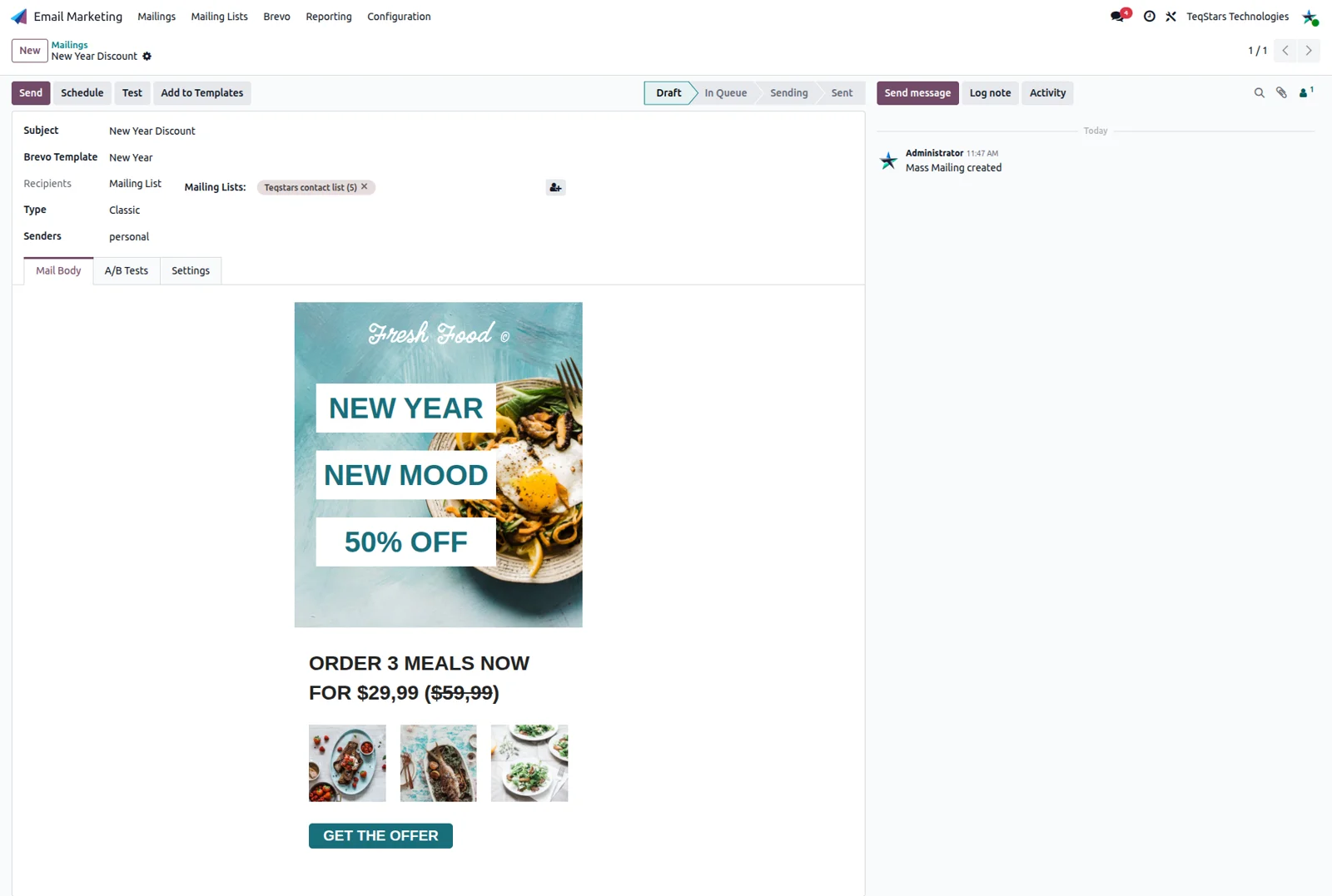 Odoo mailing form using a Brevo template, list and sender with Send, Schedule and Test buttons