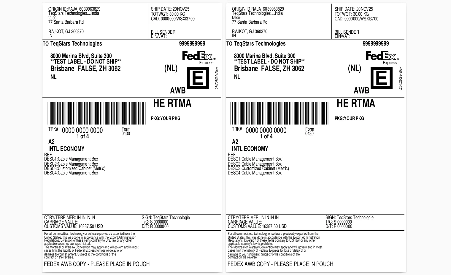 Shipping labels generated by ShipEngine Connector after validating an Odoo delivery order