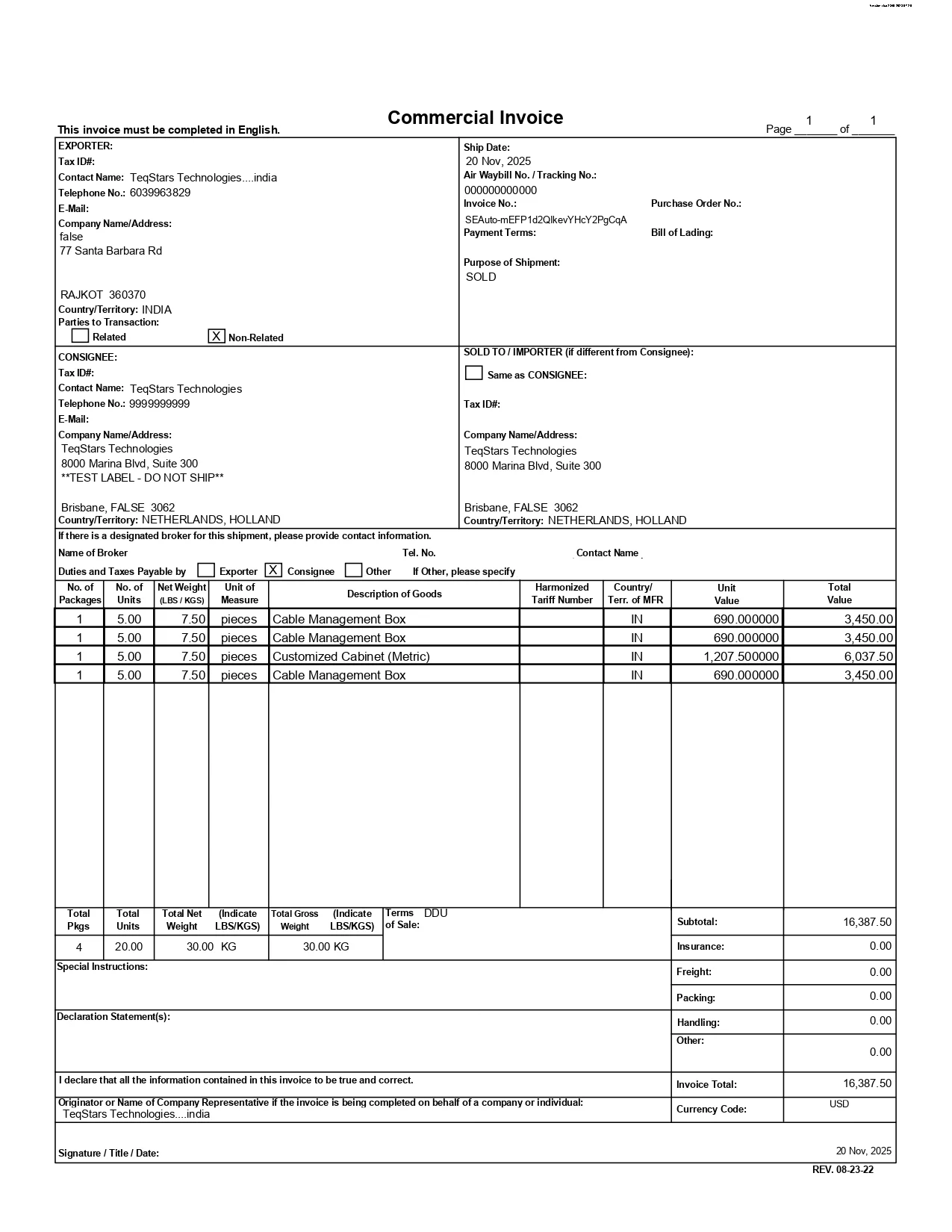 Commercial invoice and customs form generated in Odoo for an international ShipEngine shipment