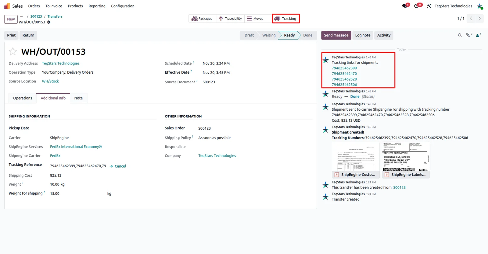 Shipment tracking status and location shown on an Odoo delivery order via ShipEngine