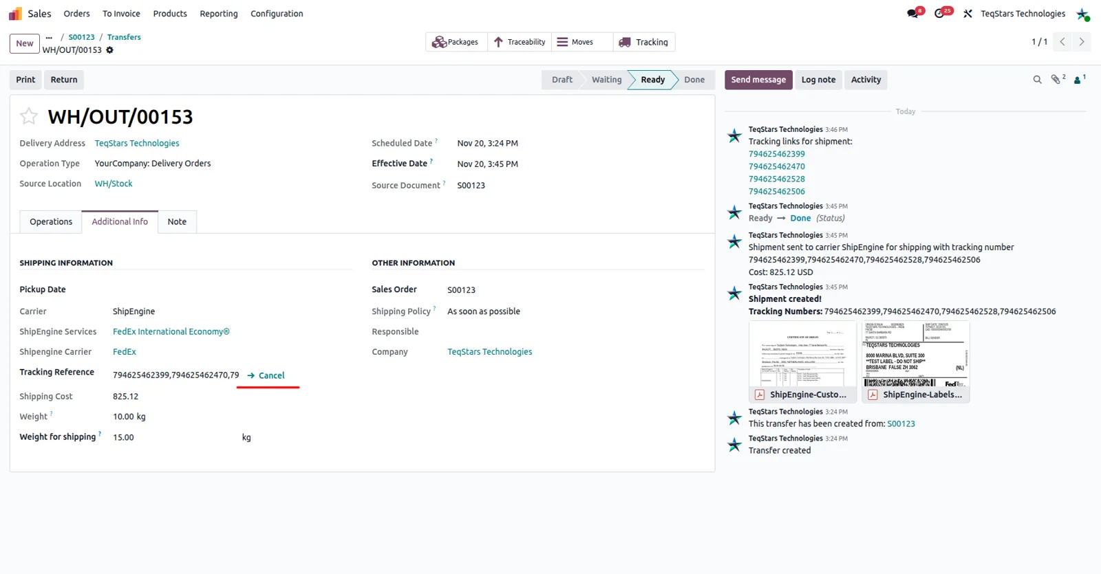 Cancel shipment button on an Odoo delivery order sending the cancellation to ShipEngine