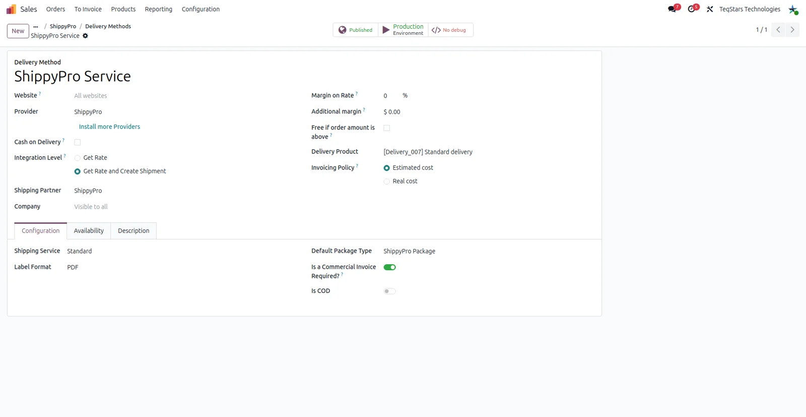 Odoo delivery method form configured for a ShippyPro shipping service