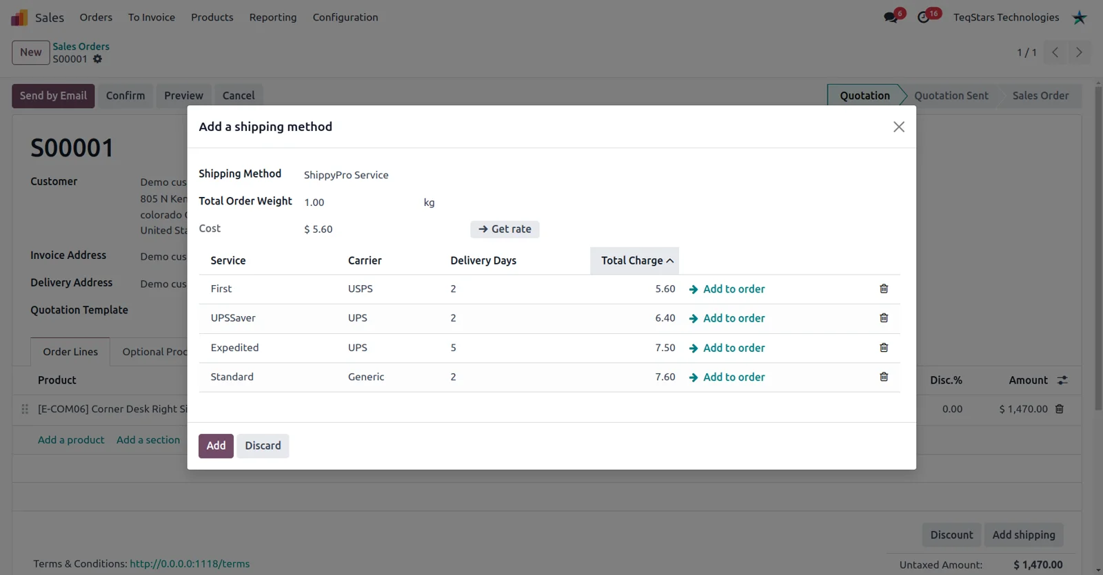 Odoo sales order listing ShippyPro carrier services and rates to choose from