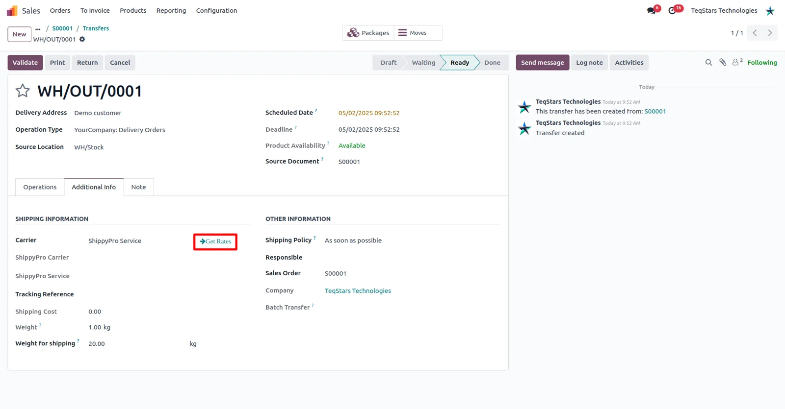 Rate request on an Odoo delivery order showing ShippyPro carrier options