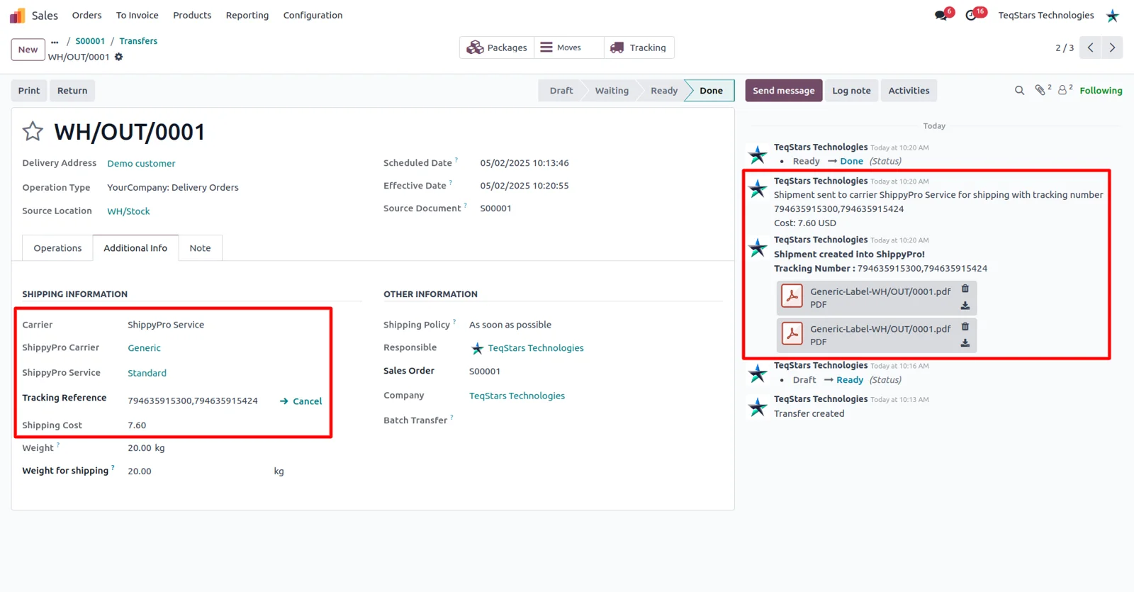 Odoo delivery order showing the ShippyPro tracking number and the generated shipping label
