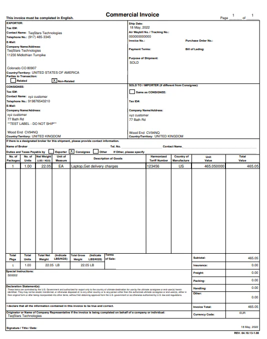 Commercial invoice generated in Odoo for an international ShippyPro shipment