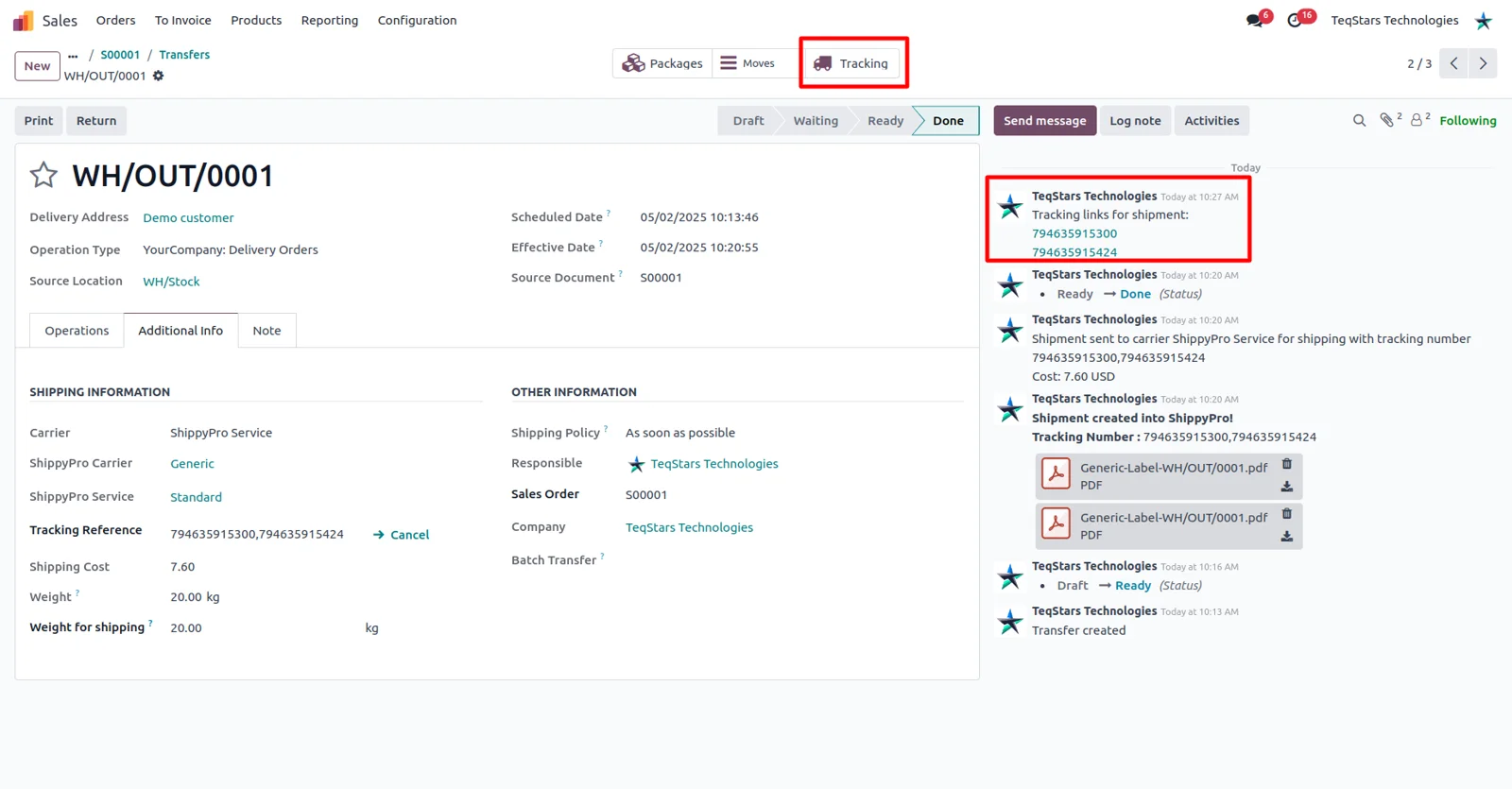 Tracking links for each parcel of a multi-box shipment on an Odoo delivery order