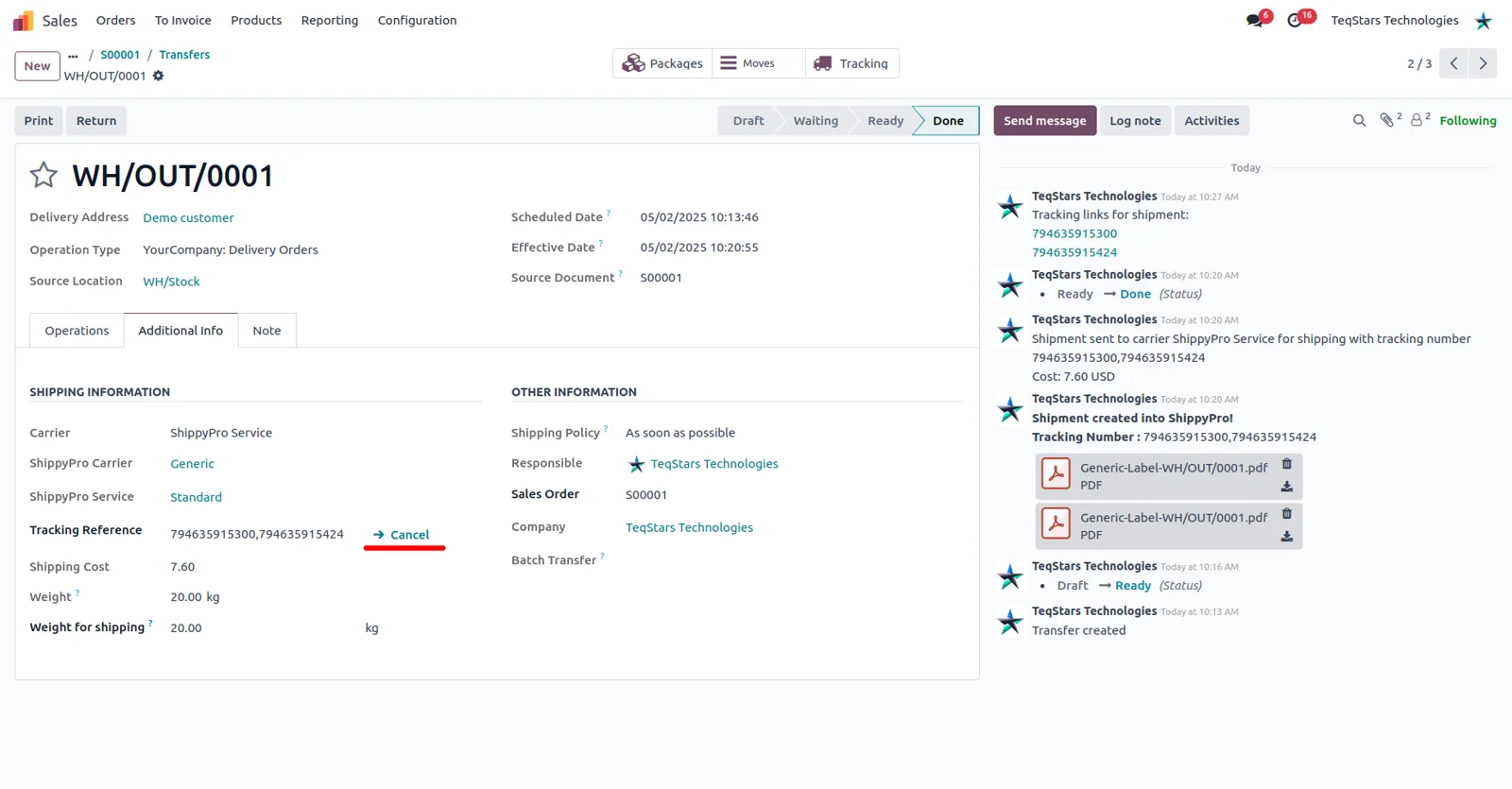 Cancel shipment button on an Odoo delivery order canceling the booking in ShippyPro