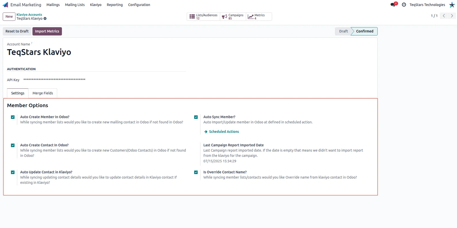 Klaviyo account settings in Odoo with switches for member sync, contact creation and contact updates