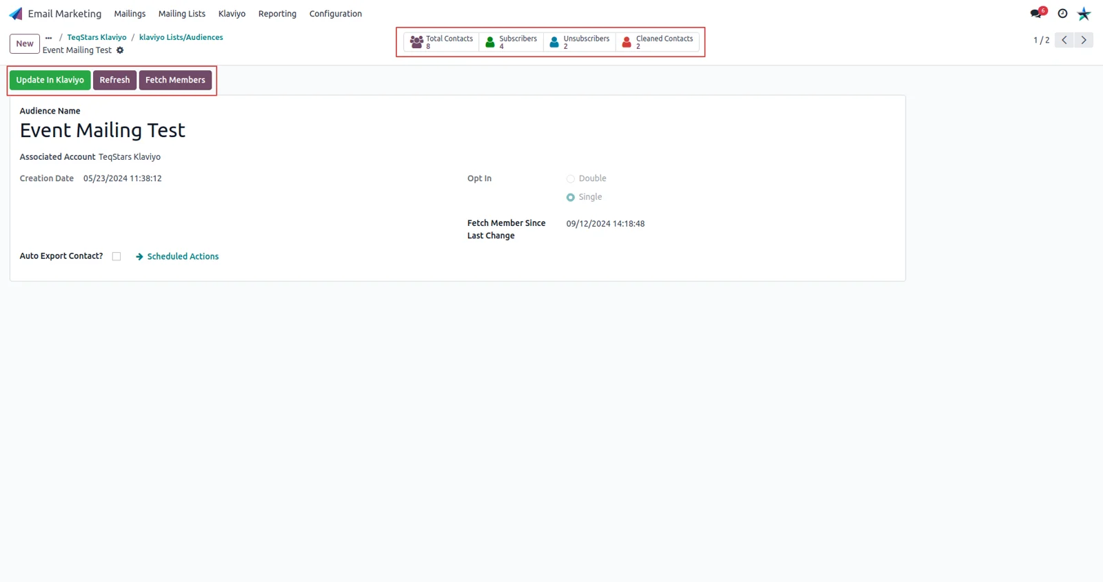A Klaviyo list in Odoo showing total, subscribed, unsubscribed and cleaned profile counts