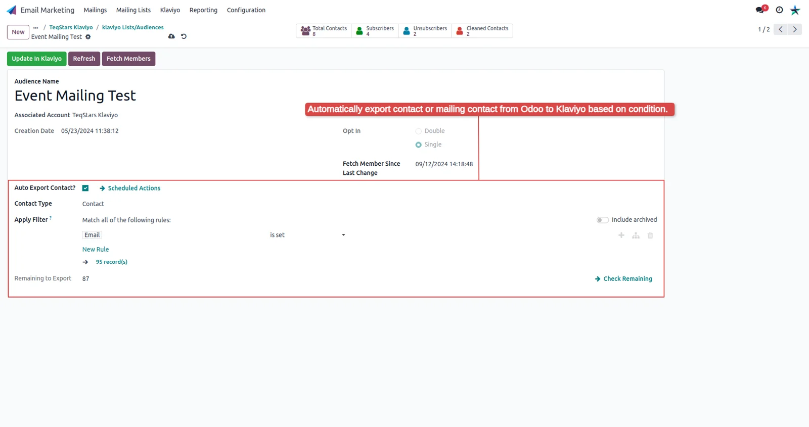 Auto export setup on an Odoo Klaviyo list with contact type, filter and the waiting count
