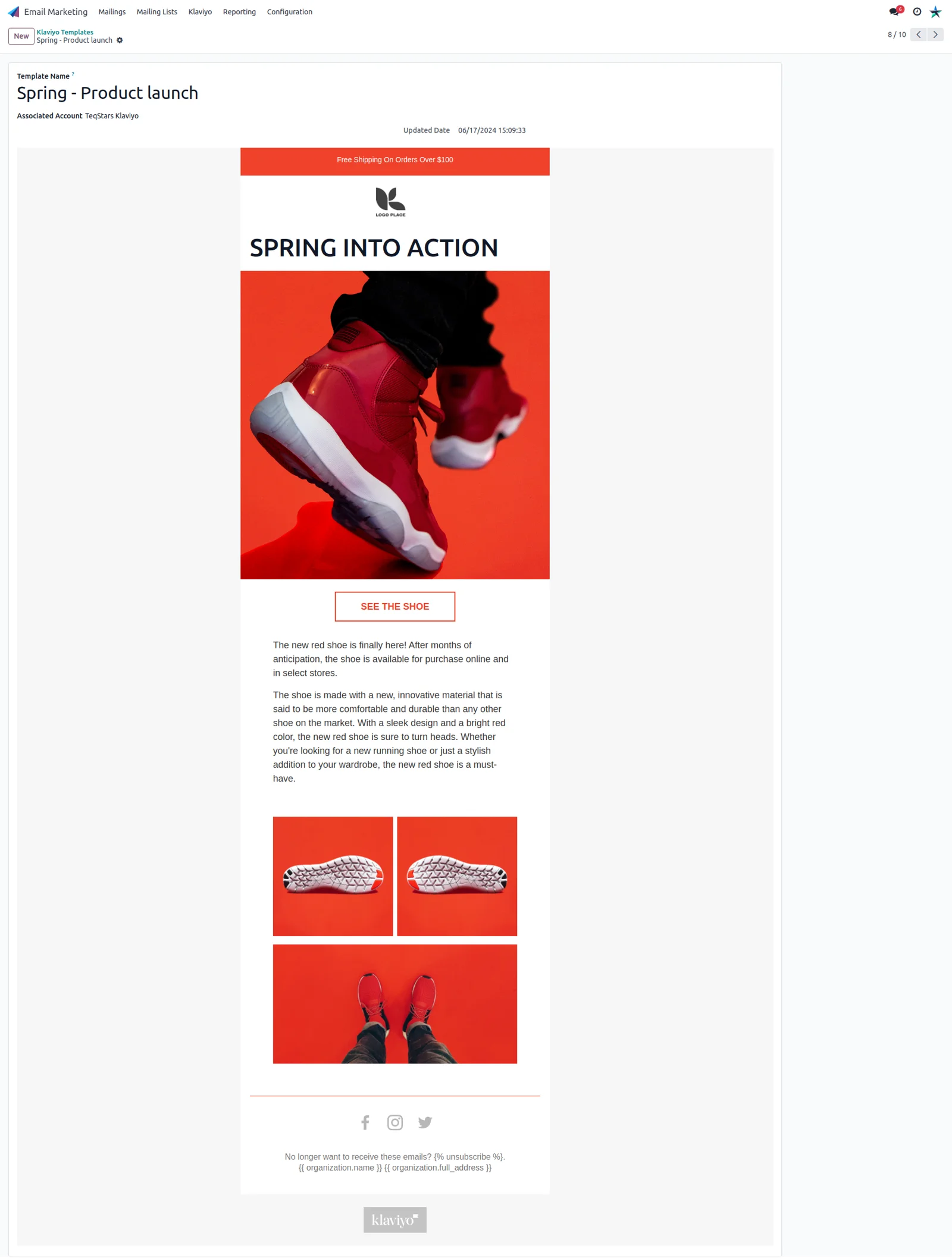 A Klaviyo email template imported into Odoo with its body, ready to export or update