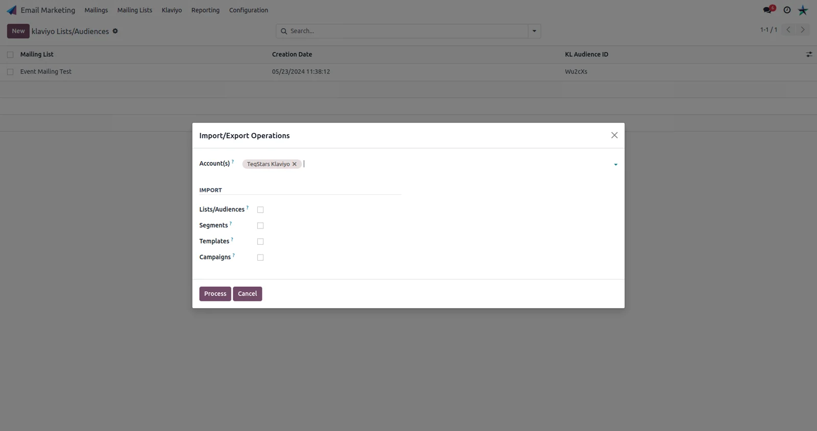 The Odoo import screen for Klaviyo lists, segments, templates and campaigns