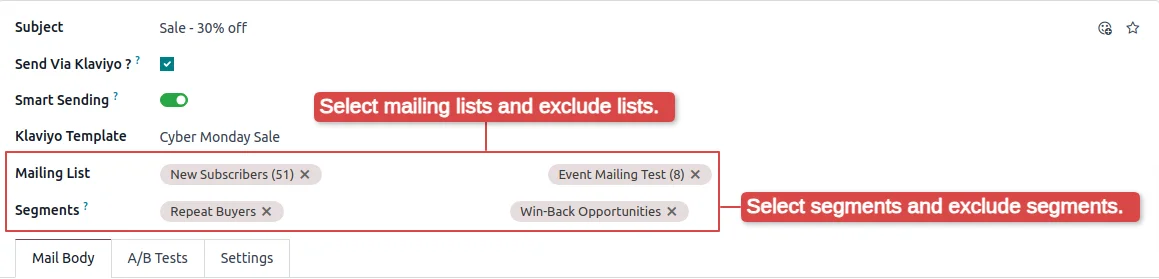 Odoo campaign recipient setup with Klaviyo lists and segments to include or exclude