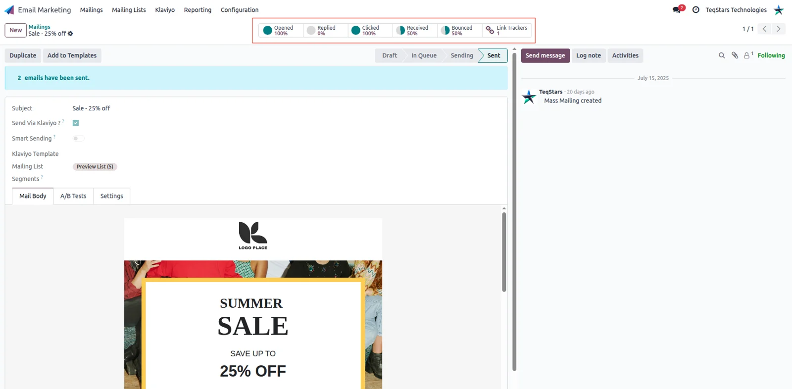 An Odoo mailing sent through Klaviyo showing received, opened, clicked and bounced figures