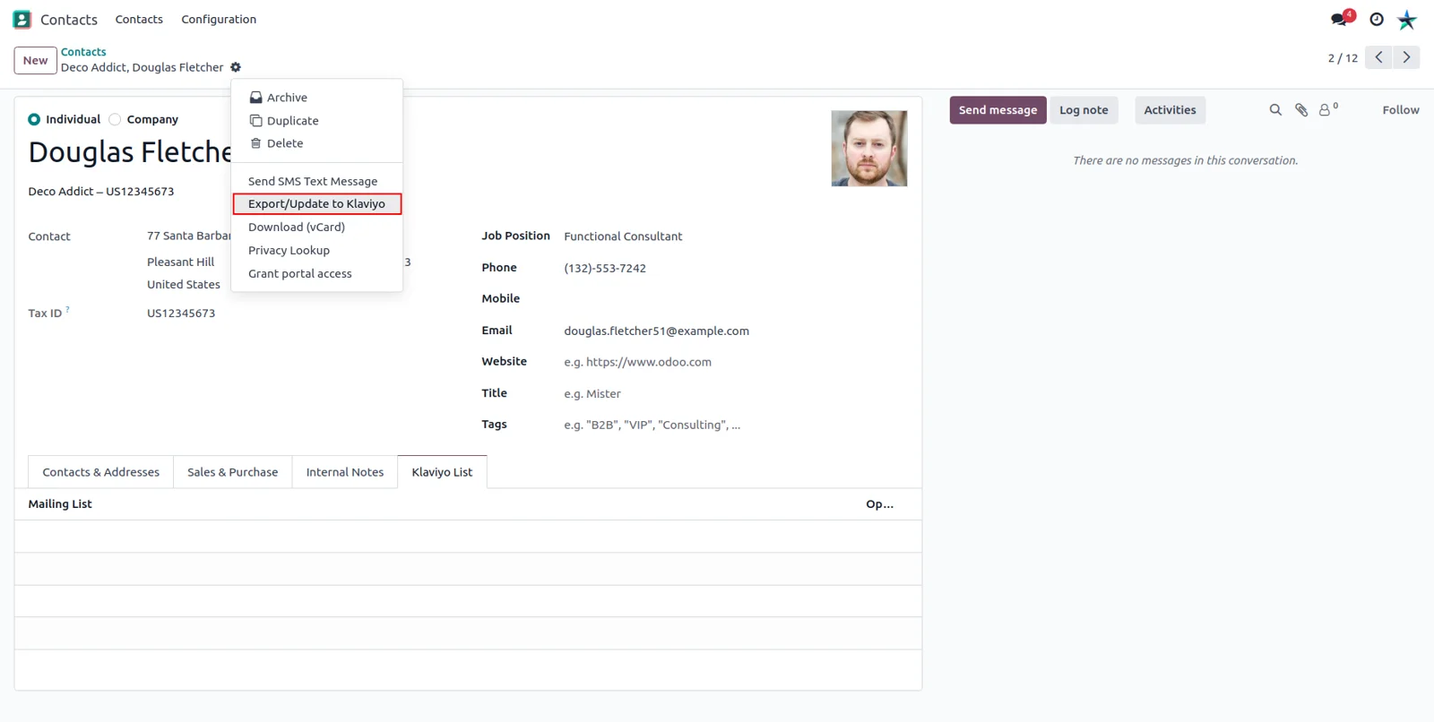 An Odoo contact record with buttons to export and update the matching Klaviyo profile