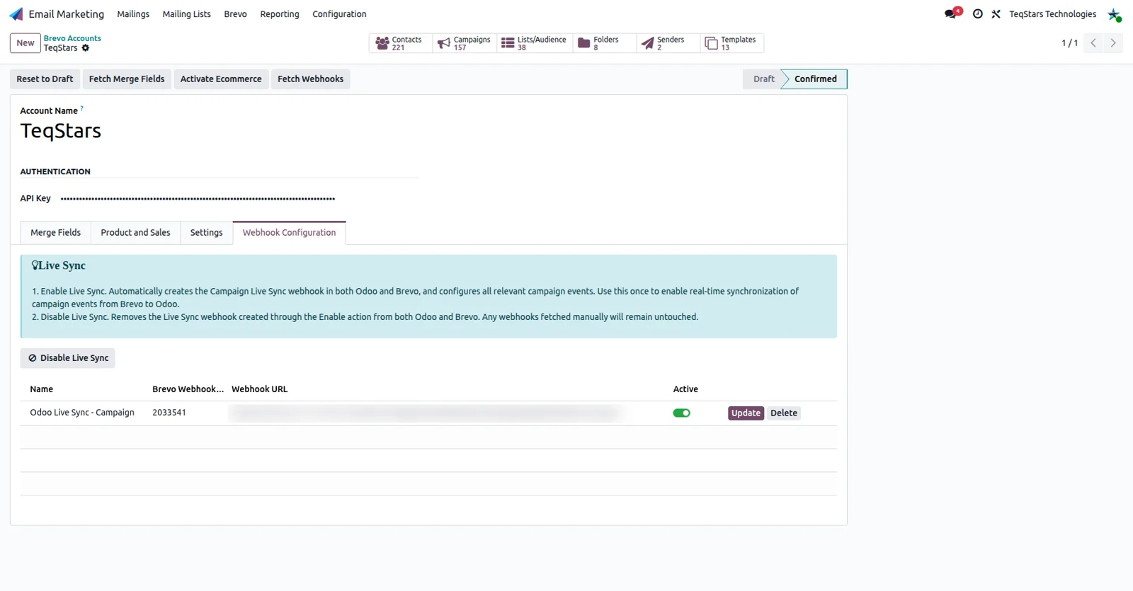 Live Sync active in the Odoo Brevo Connector with campaign events listed on the account