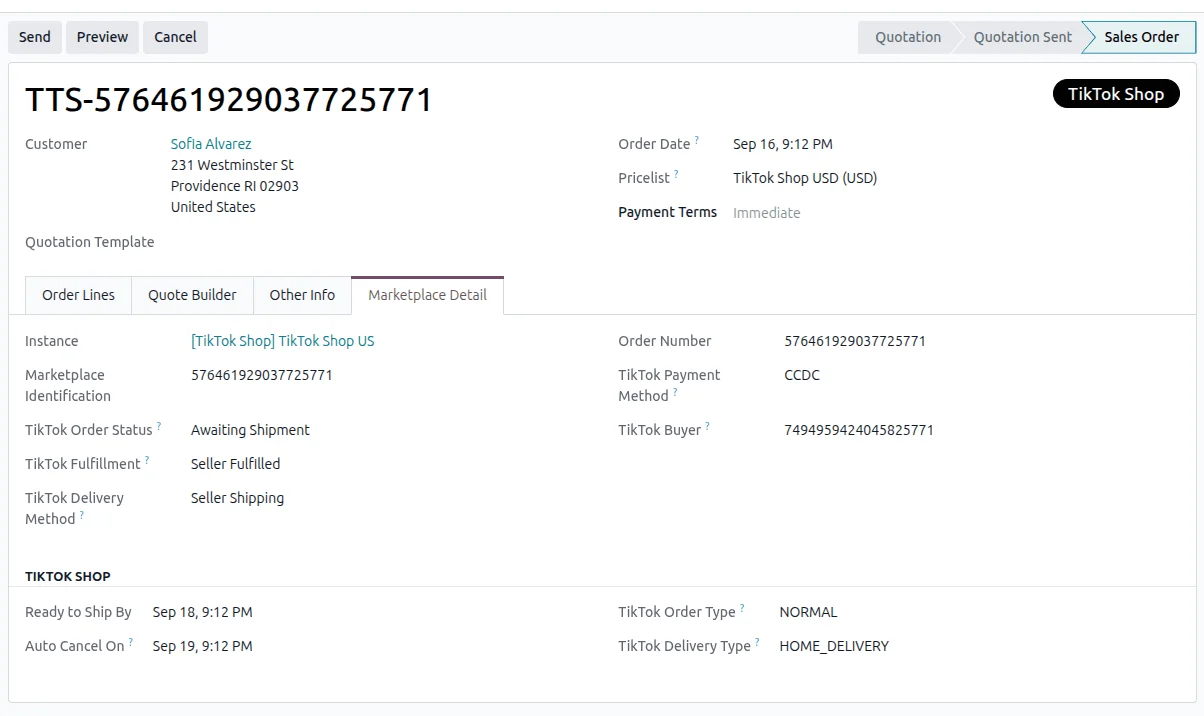 Odoo sales order created from a TikTok Shop order with status, fulfillment, delivery method and ship-by dates