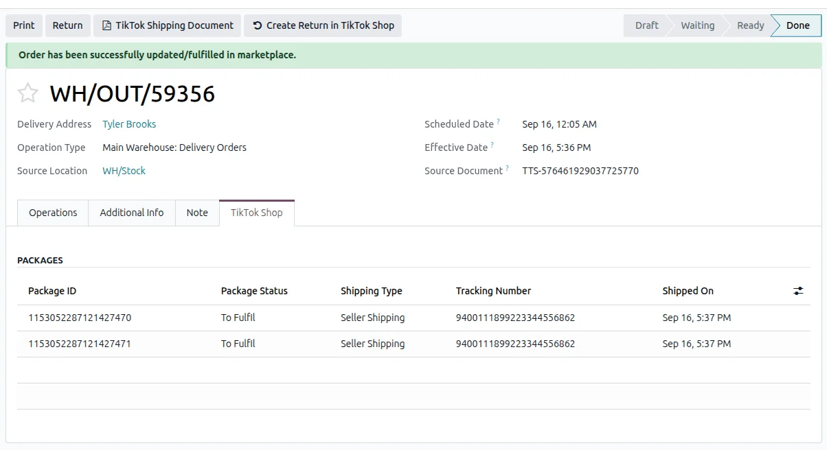 TikTok Shop packages shown on an Odoo delivery with shipping type, tracking number and shipped date