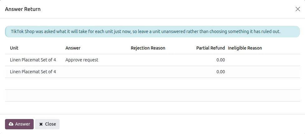 Answering a TikTok Shop return in Odoo using the answers TikTok Shop allows for that return