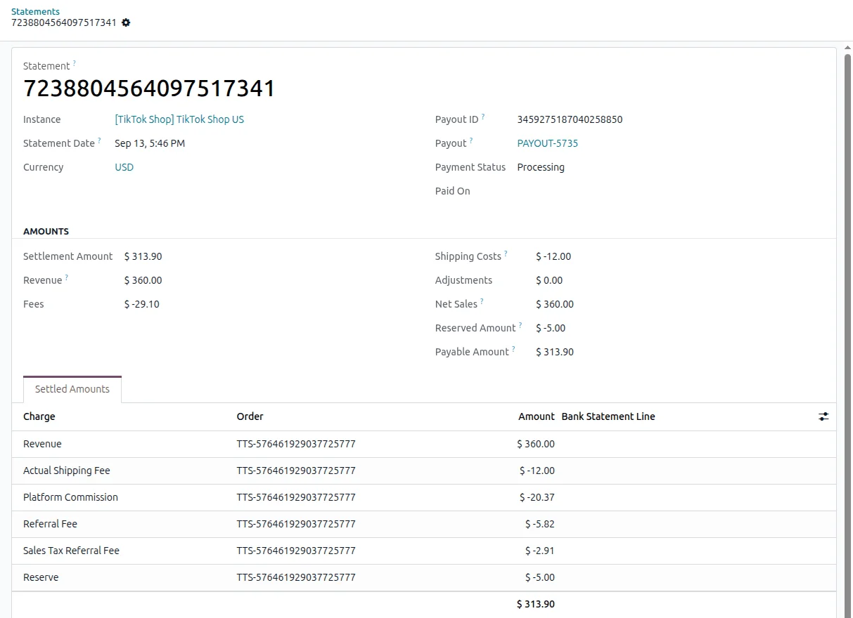 TikTok Shop statement in Odoo showing its amounts and the settled transactions behind it